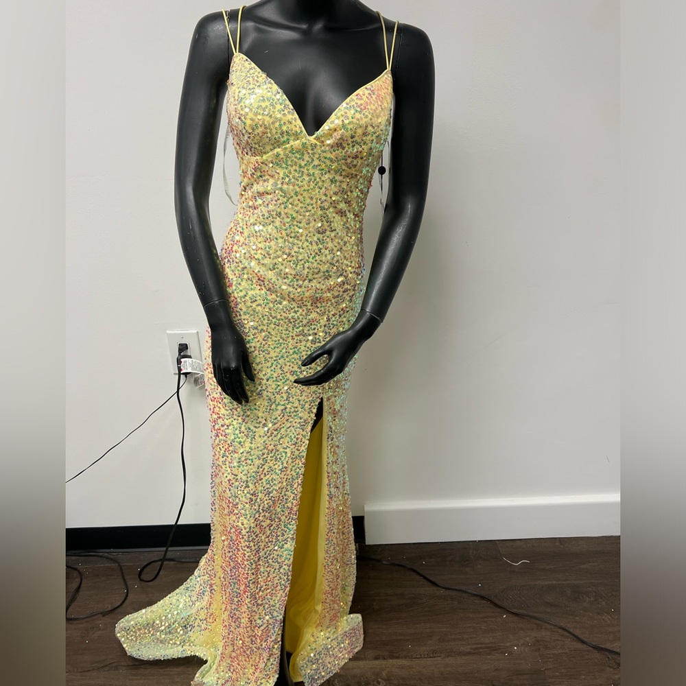 Amarra 87403 Size 8 Yellow Fully Sequin V Neck Tie Back Long Dress With Slit NWT